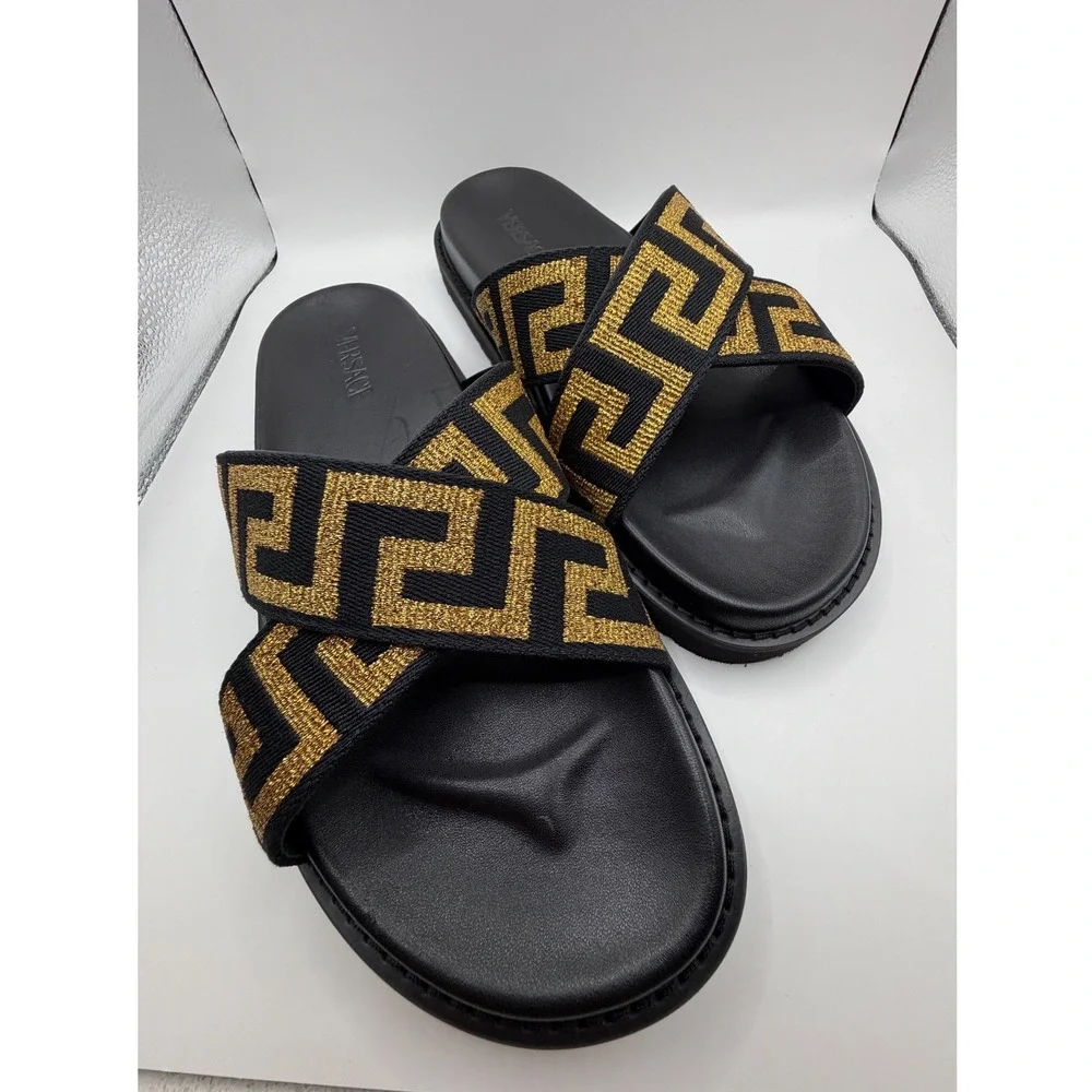 Versace Mens Greca Cross Strap Slides Black Gold Metallic Sandals Size 43 Spain